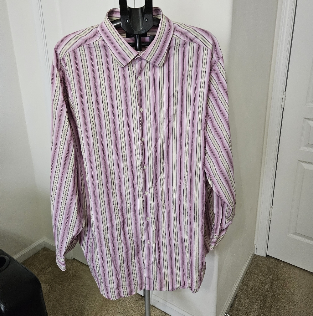 Murano Men's Pink and White Striped Button Down Shirt